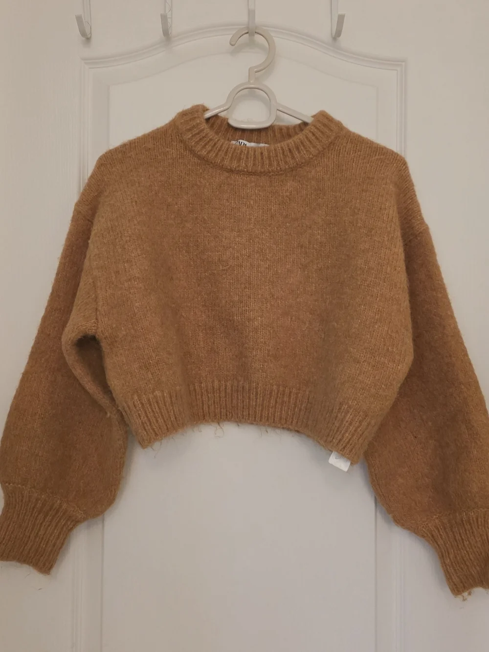 Zara Cropped Crewneck Sweater in Camel Brown - Picture 1 of 4